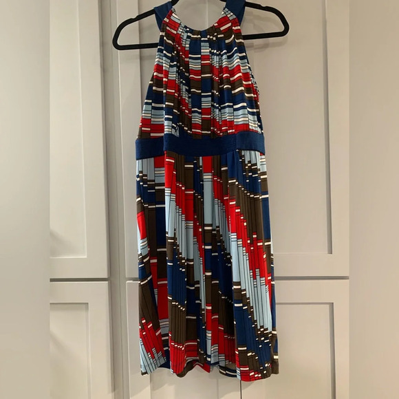 BCBG Maxazria Red White and Blue Geometric Halter Dress Packable - Picture 2 of 6